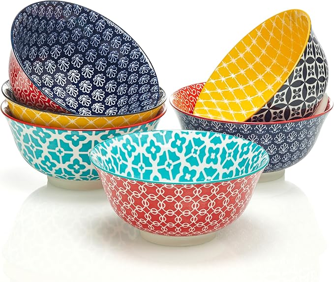 DOWAN Mosaian 33 OZ Large Bowl Set of 6 - Ceramic Deep Bowls for Ramen, Pasta, Salad - Vibrant Patterned Porcelain Bowls for Kitchen Decor & Housewarming Gift - Dishwasher & Microwave Safe
