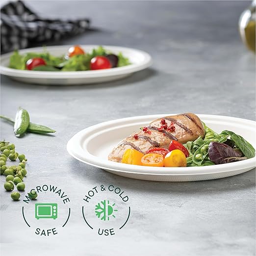 Stack Man 100% Compostable Paper Plates 9 Inch Heavy-Duty [125-Pack] Eco-Friendly White Bagasse Disposable Plates Made of Natural Sugarcane Fibers - 9" Biodegradable Plate (BPI-Certified) (PFAS-Free)