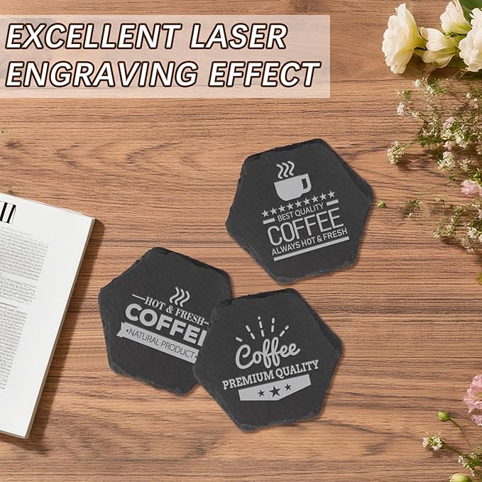 48PCS Slate Coasters for Laser Engraving, 4inch Black Beverage Coasters for Hand Painting, Non-Slip Bottom Mat, Home Office Kitchen Gift Wedding Bar Party Hexagon