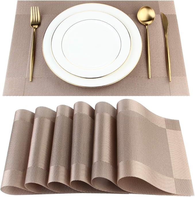 DACHUI Placemats Set of 6, Stylish Woven Place Mats for Dining Table, Washable & Durable PVC Table Mats (Champagne)