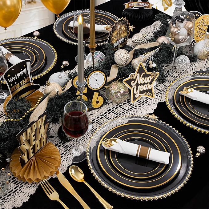 350 Pieces Black and Gold Plastic Plates with Disposable Silverware, Include 50 Dinner Plates 9”, 50 Dessert Plates 6.3”, 50 Black Cups 9 OZ, 50 Pre Rolled Napkins for Birthday Weddding Party