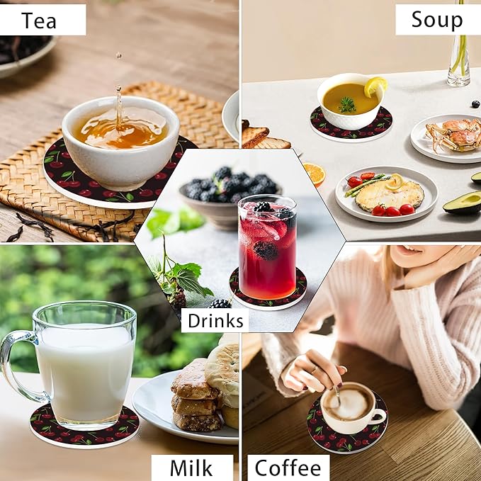 Summer Fruits Set of 6 Coasters for Drinks Absorbing Round Ceramic Stone Coaster with Cork Base,Tabletop Protection Mat for Mugs and Cups,Office,Kitchen