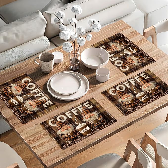Coffee Gnomes Placemats Set of 6, Cafe Station Table Mats, Washable Place Mats for Coffee Bar Home Party Indoor Kitchen Dining Table Decor 12x18 Inch