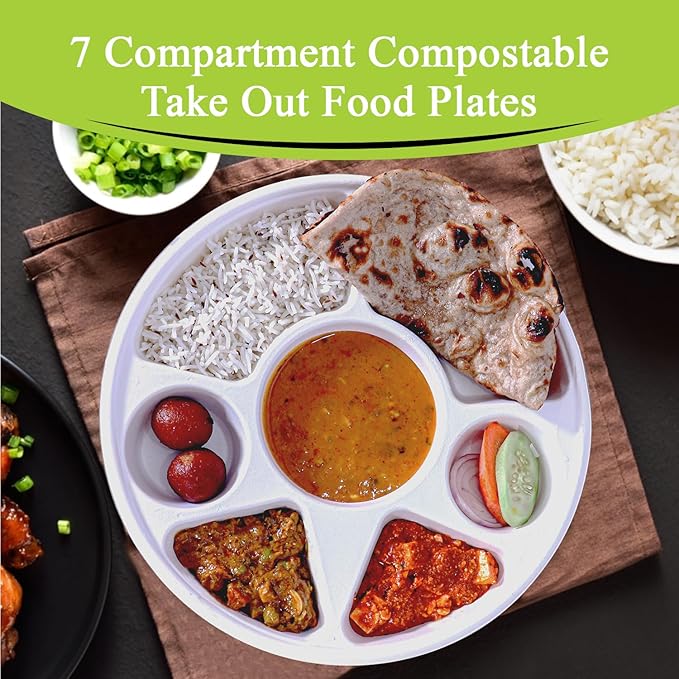 three leaf 7 COMPARTMENT BAGASSE ROUND PLATE, 50 Ct. Heavy-Duty- Super Strong- Natural- Eco-Friendly Disposable Bagasse Plates, 100% Biodegradable 7 compartment plates