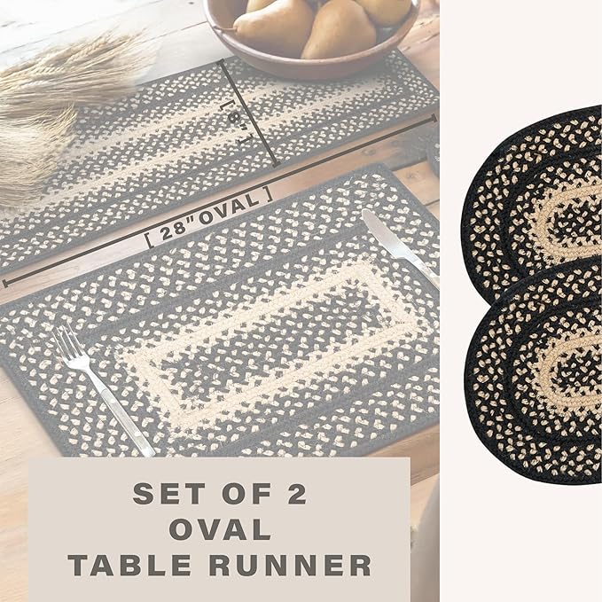 Homespice Manchester Jute Braided Table Runner Set of 2-8x28, Oval, Black & Tan - Rich Colors, Easy to Clean, Durable and Protects Furniture