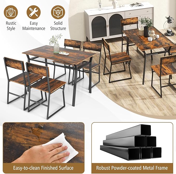 Giantex Dining Table Set for 4, 47”L x 28”W Rectangular Kitchen Table w/ 4 Trapezoid Chairs, Reinforced Metal Frame & Storage Rack, Industrial Space-Saving Dinette Set for Kitchen Dining Room (Brown)