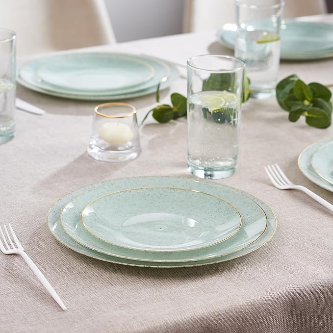 PLASTICPRO 30 Pack Disposable Plastic Plates Heavyweight Granite Look Elegant 10 inch Dinner Plates Green with Gold Rim