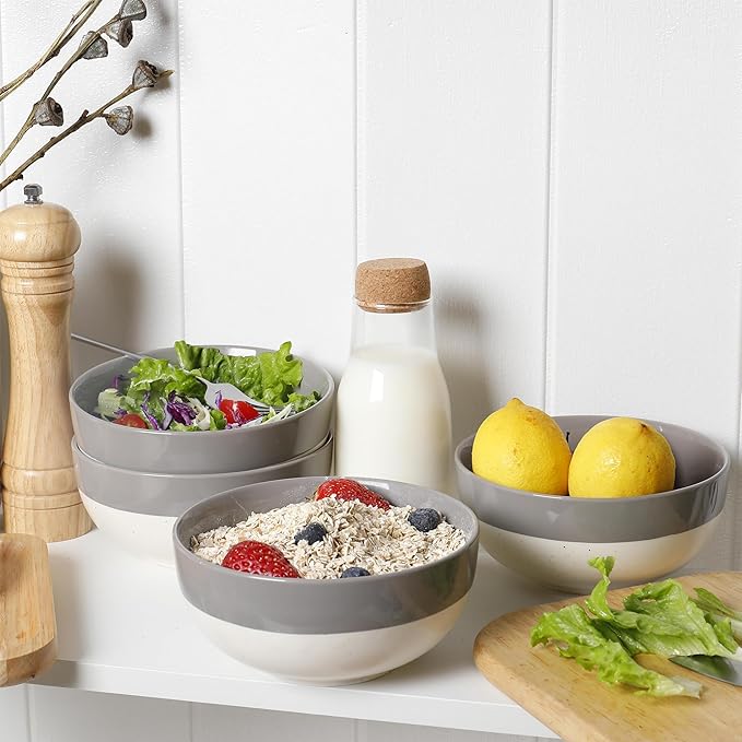 AISBUGUR Cereal Bowls Set of 4, 26oz Large Soup Bowls for Kitchen, Ceramic Bowls for Oatmeal, Salad, Pasta, Soup, Dessert, Serving Bowls Dishwasher & Microwave Safe, Grey