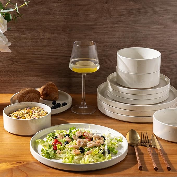 AmorArc Ceramic Dinnerware Set for 4 | Speckled Stoneware Plates and Bowls with unglazed terracotta | Scratch Resistant, Dishwasher & Microwave Safe Modern Dishes Sets- 12-Pcs