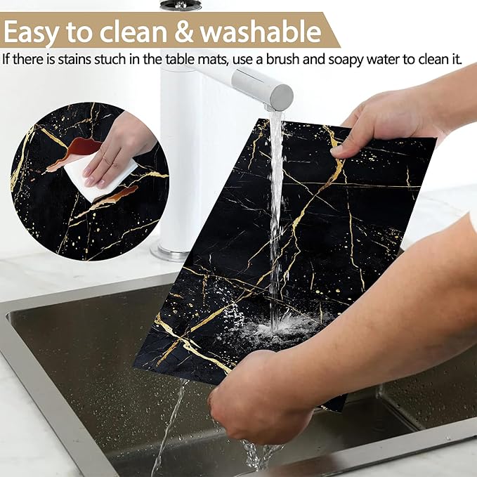 Table Placemats Set of 6 Abstract Black Marble Texture Place Mats Washable Kitchen Dining Linen Table Mats Stain Heat, for Home Party Indoor 12x18 in