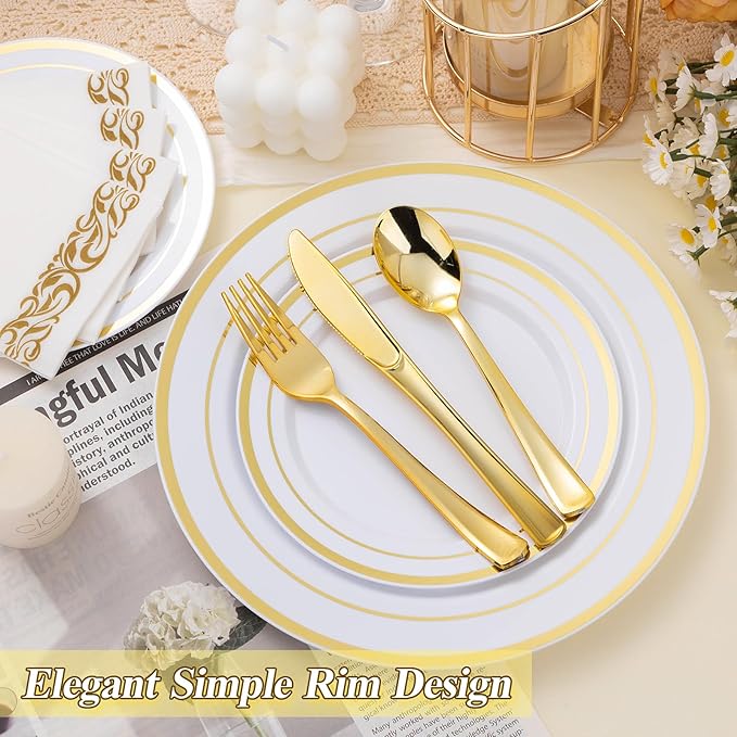 BESTSTAR 100PCS White Plastic Plates Set with Gold Rim, 50 10.25 inch Heavy Duty Dinner Plate and 50 7.5 inch Dessert Appetizer Plates, Premium Disposable Plates for Party, Wedding, Birthday