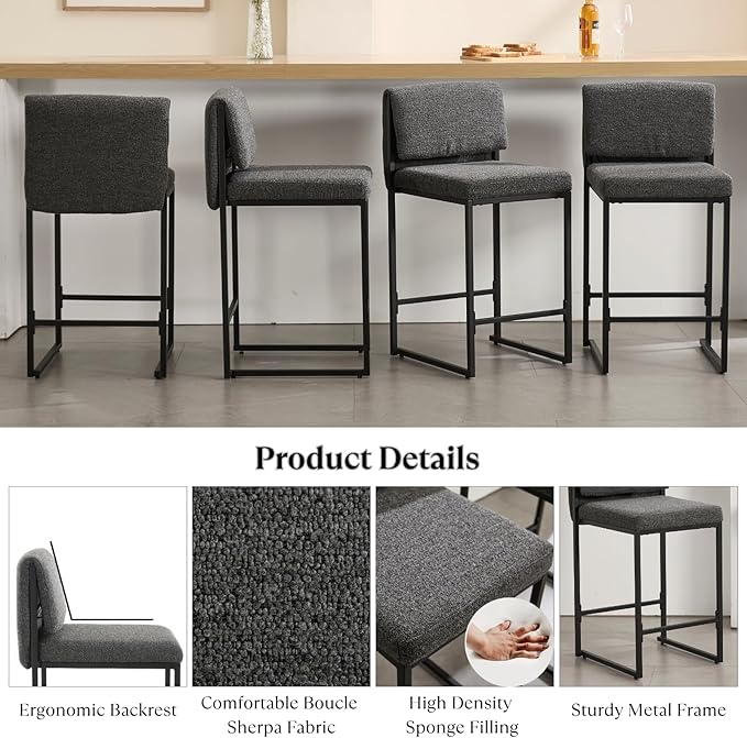 Modern Barstools Set of 4, 26” Upholstered Counter Height Bar Stools Sherpa Fabric Counter Stools with Padded Back Metal Frame for Kitchen Island Dining Room, Black