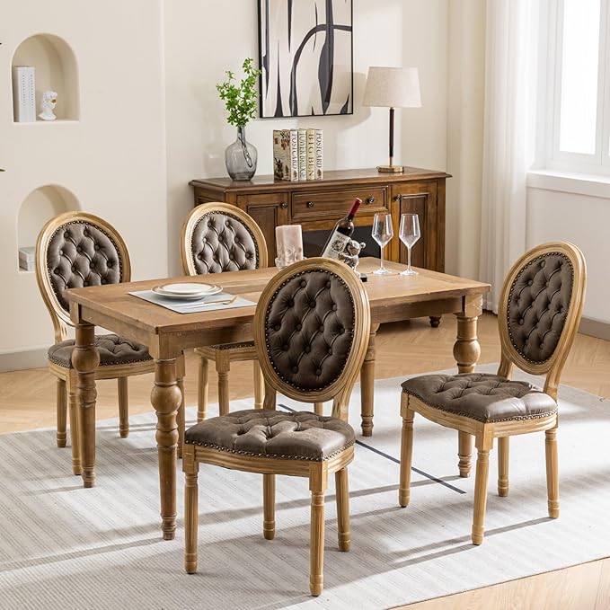 Vintage French Dining Chairs Set of 4, Round Back PU Leather Upholstered Accent Chairs with Nailhead Trim and Solid Wood Frame, Farmhouse Sillas de Comedor for Dining Room & Kitchen, Distressed Brown