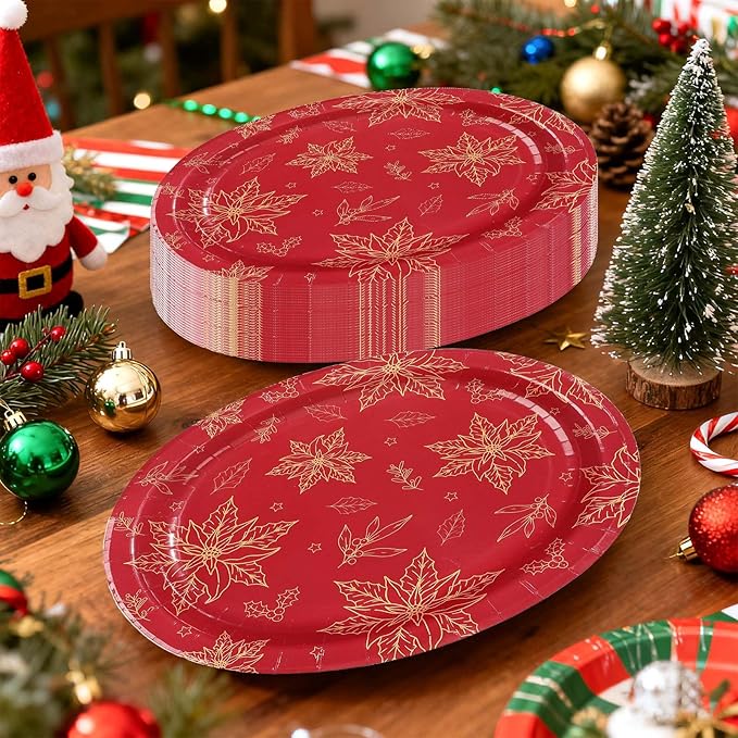 50Pcs Christmas Oval Paper Plates 10" x 12" Large Disposable Heavy Duty Red Gold Flower Poinsettia Paper Platters Xmas Poinsettia Themed Dessert Plates for Christmas Winter Holiday Party Supplies