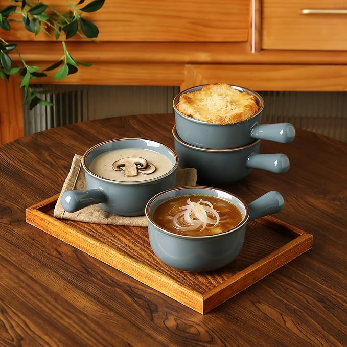 MONITO 16 Oz French Onion Soup Bowls, Ceramic Soup Bowls with Handles, Stackable Soup Crocks Oven Safe for Chili, Beef Stew, Cereal,Casseroles Microwave & Dishwasher Safe, Set of 4, Dusty Blue