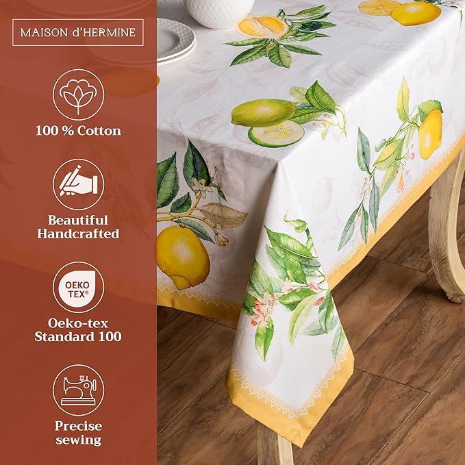 Maison d' Hermine Table Cloth Rectangle Table 100% Cotton 60 x 120 Inches Tablecloth Reusable Decorative for Dining Room Farmhouse Home Valentines Day Decorations Spring Summer - Limoncello