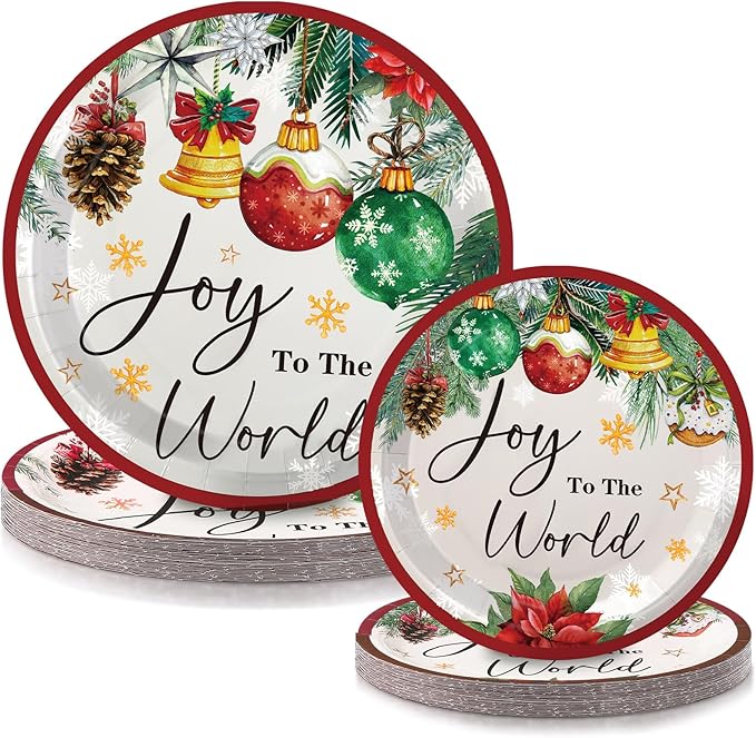 48 Pcs Christmas Paper Plates Include 9 Inch Joy to The World Plate 7 Inch Watercolor Pine Xmas Ball Plate for Holiday Party Supplies