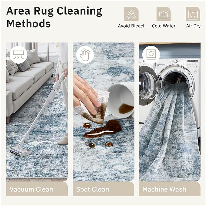 Area Rugs 4x6 for Living Room, Vintage Abstract Washable Rugs for Dining Room, Kitchen, Non-Slip Area Rug Blue