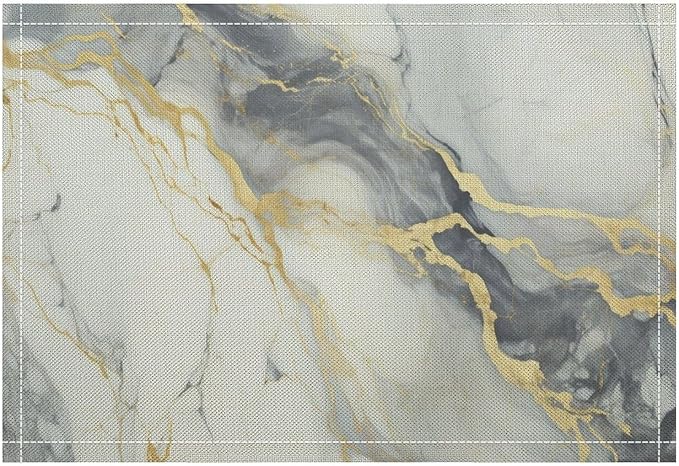 Marble Linen Placemats Set of 2, Modern Abstract Foil Texture White Grey Gold Marble Washable Place Mats, Non Slip Placemat for Home Party Dining Tables Wedding Kitchen Banquets Decor 12x17 Inch