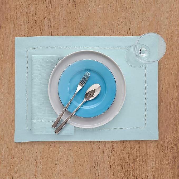 Solino Home Linen Cloth Placemats Set of 4-100% Pure Linen Hemstitch Aqua Blue Placemats 14 x 19 Inch - Classic Hemstitch Table Place Mats for Winter, Spring, Easter