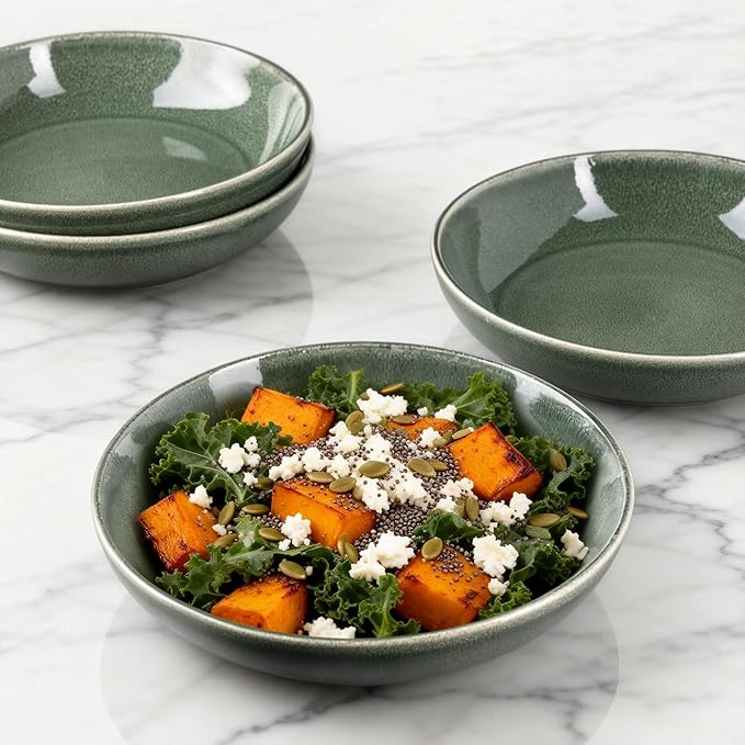 AmorArc 8.5'' Large Ceramic Pasta Bowls Set, 36oz Stoneware Bowls Set of 4 for Kitchen, Reavtive Glaze Bowls-Microwave, Dishwasher Safe for Pasta,Salad,Oatmeal -Jade Green