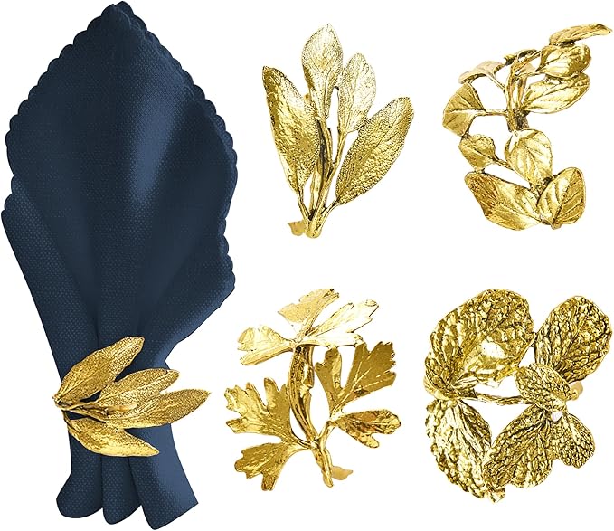 Decozen Set of 16 Gold Napkin Rings in Leaf Design, Festive, Table Decor Setting for Holiday, Wedding, Birthday, Kitchen, Home Decor, Housewarming Gift - Mothers Day Decorations