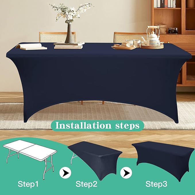 6FT Table Cloth for Rectangular Fitted Events Stretch Navy Blue Table Covers Washable Spandex Tablecloth Protector for Party, Wedding, Cocktail, Banquet, Festival