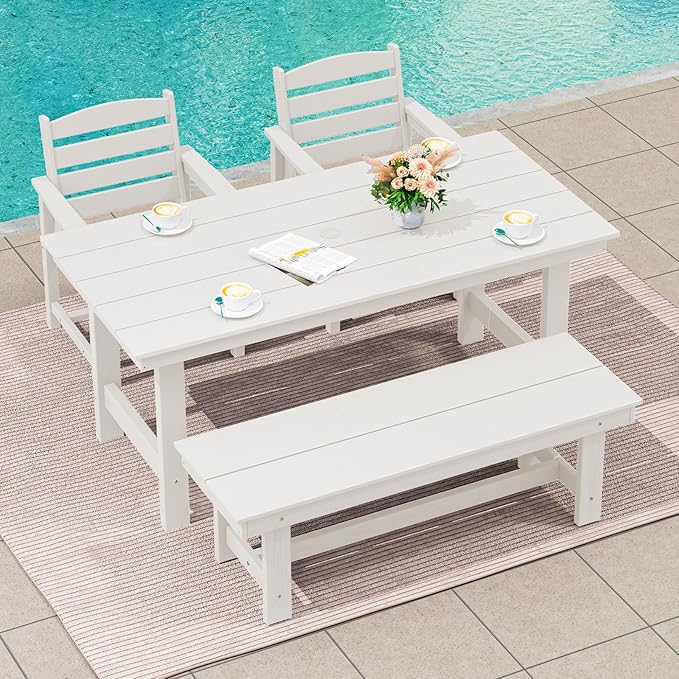 SERWALL Kitchen Table Set for 4，67" Extended Large Dining Table with 1 Bench and 2 Chairs, White