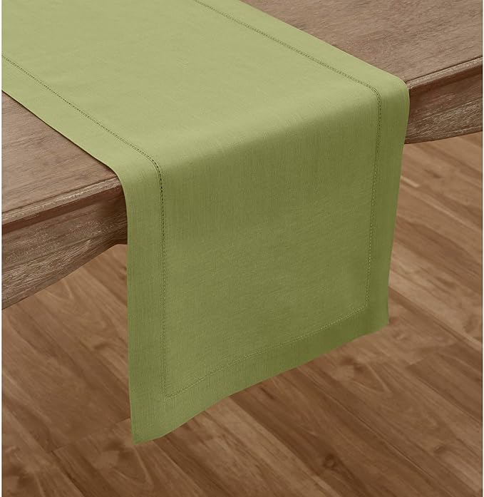Solino Home Linen Moss Green Table Runner 36 Inches - 100% Pure Linen Small Table Runner 14 x 36 Inch for Dresser and Coffee Tables - Classic Hemstitch - Winter, Spring, Easter, St Patricks Day