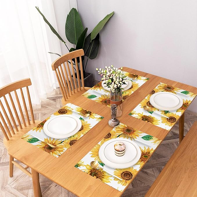 AOFOTO Sunflower Placemats Set of 4 Yellow Flowers Leaves Printed Place Mats Rectangular Artistic Table Mats for Party Home Kitchen Restaurant Dining Table Decor 12x18 Inch