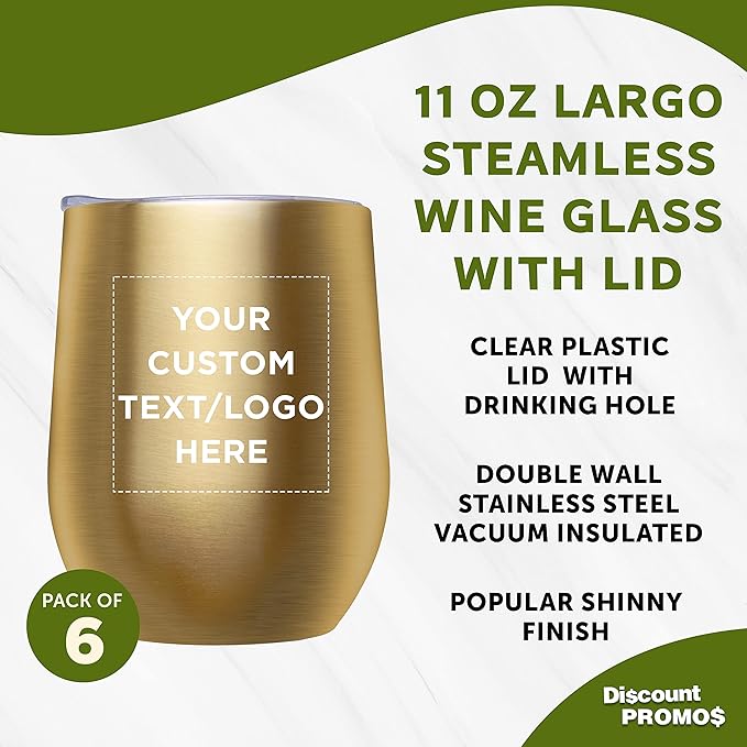 Custom Stemless Wine Glass Tumblers with Lids by Largo 11 oz. Set of 6, Personalized Bulk Pack - Perfect for Wine, Cocktails, Other Hot & Cold Beverages - Gold