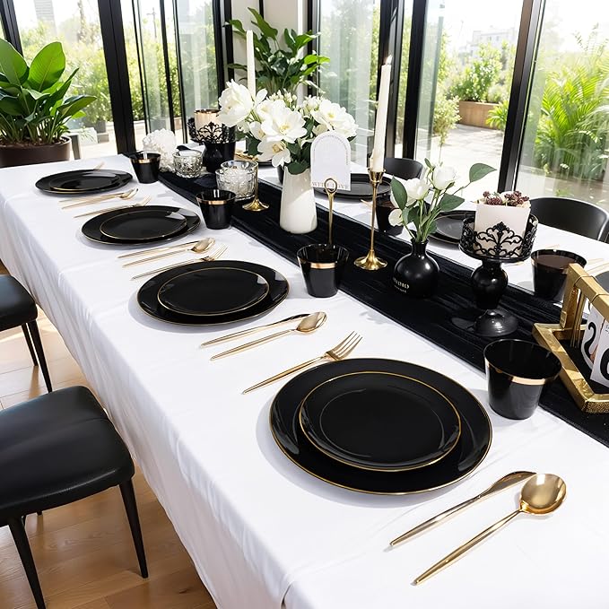 MirthMood 350Pcs Black and Gold Disposable Plates,Black Plates, Black and Gold Plates Include 30 Dinner,Dessert Plate,30 Cup&30 Napkins, 90 Gold Silverware for Wedding & Party & Birthday & New Year
