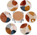 Drink Coasters for Drinks Set of 6,Orange and Gold Abstract Modern Art Absorbent Round Ceramic Stone Mat Coaster, with Cork Base and Metal Holder, Home Bar Decor House Warming Gift
