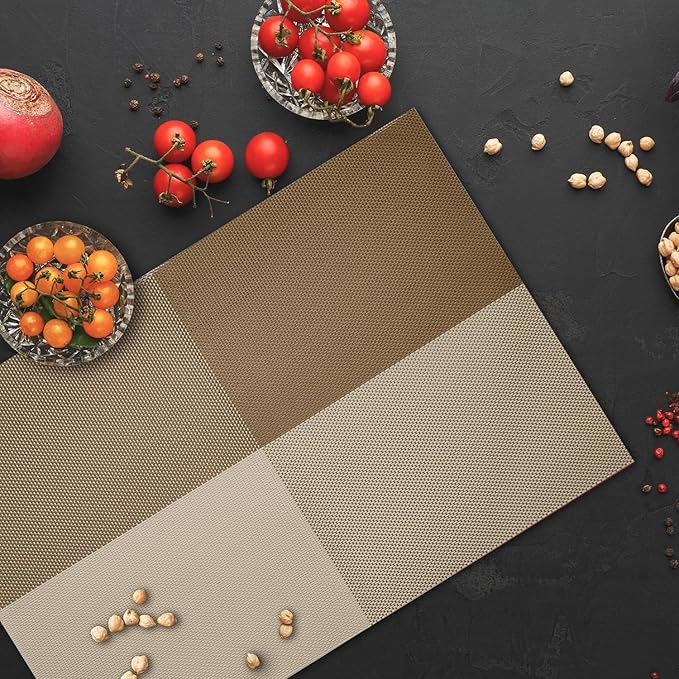 Placemats Set of 4 Vinyl Washable Coffee Square Placemats, 18"x12" Wipeable Heat-Resistant Non-Slip Easy Clean Table Mats Ideal for Dining Table Table Runner and Outdoor (4, Coffee Square)