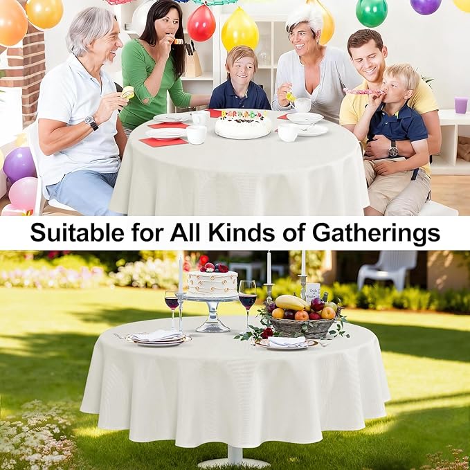 JIUZHEN Faux Linen Round Tablecloths 84 inch, Decorative Wrinkle Free Texture Rustic Circle Table Cloth Cover for Kitchen, Dining, Party, Wedding, Outdoor Use (84 Inch Round,White)