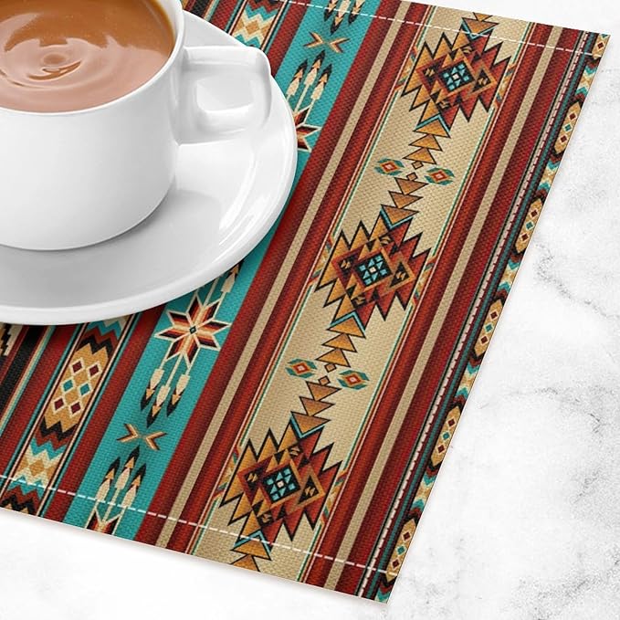 Southwestern Placemats Rustic Tribal Geometric Decorative Table Mat Antique Native Heat Resistant Place Mats for Dining Kitchen Party Holiday Decor 12x18Inch Set of 6