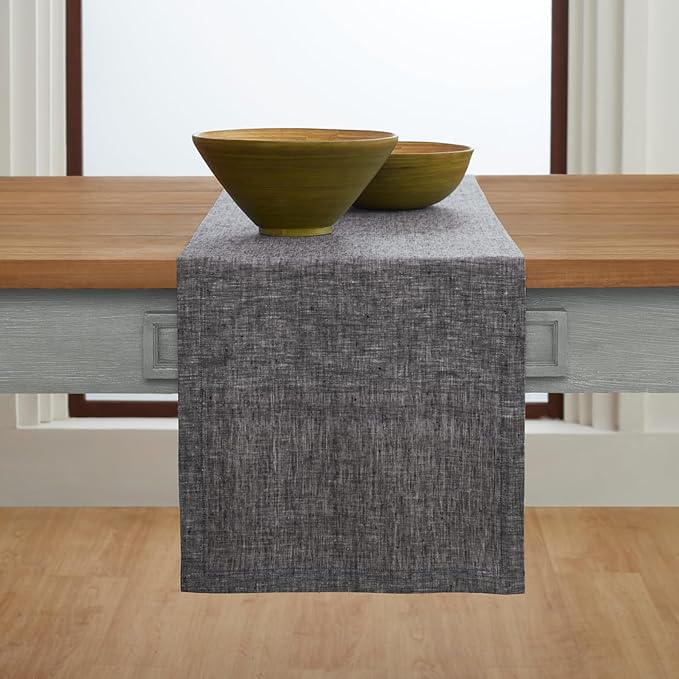 Solino Home Linen Chambray Black Table Runner 108 Inches Long - Athena, 100% Pure Linen Dining Table Runner 14 x 108 Inch for Winter