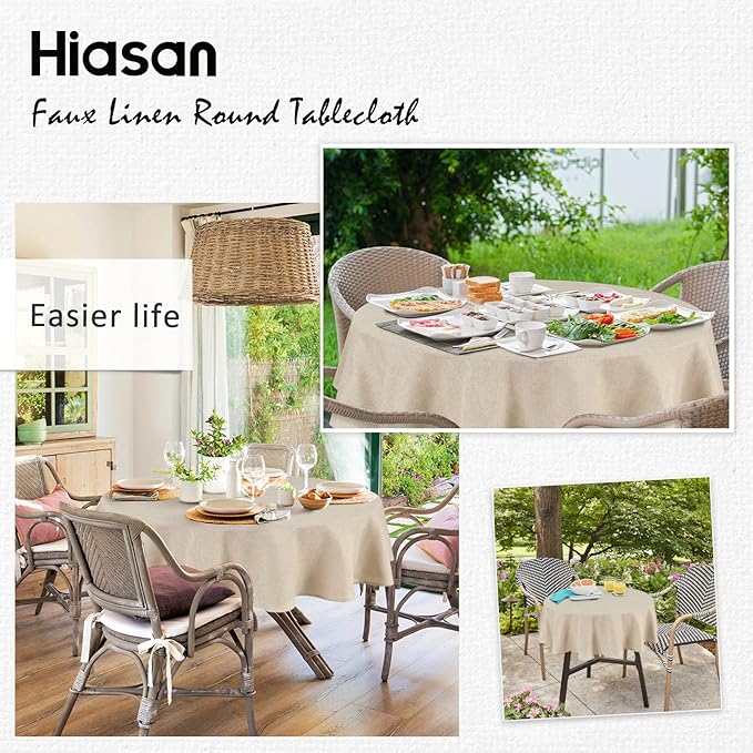 Hiasan Round Linen Tablecloth 70 Inch - Wrinkle and Stain Resistant Washable Polyester Fabric Table Cloth for Dining Room Kitchen Party, Beige