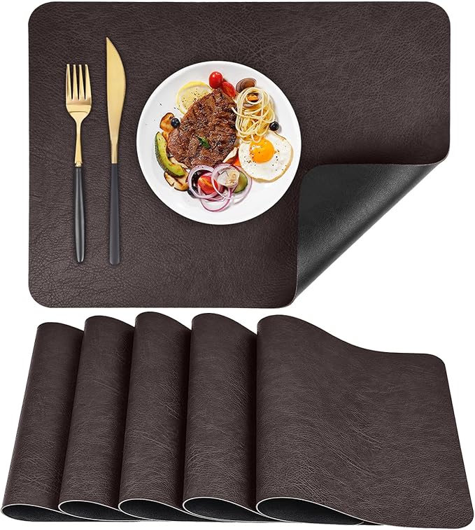 AAPLKER Faux Leather Placemats Set of 6, Vinyl Placemats Wipeable Waterproof Oil-Proof Table Mats, Heat Resistant Place Mats for Kitchen Indoor Outdoor, 16.9 x 11.8 inches (Choco Brown/Black)