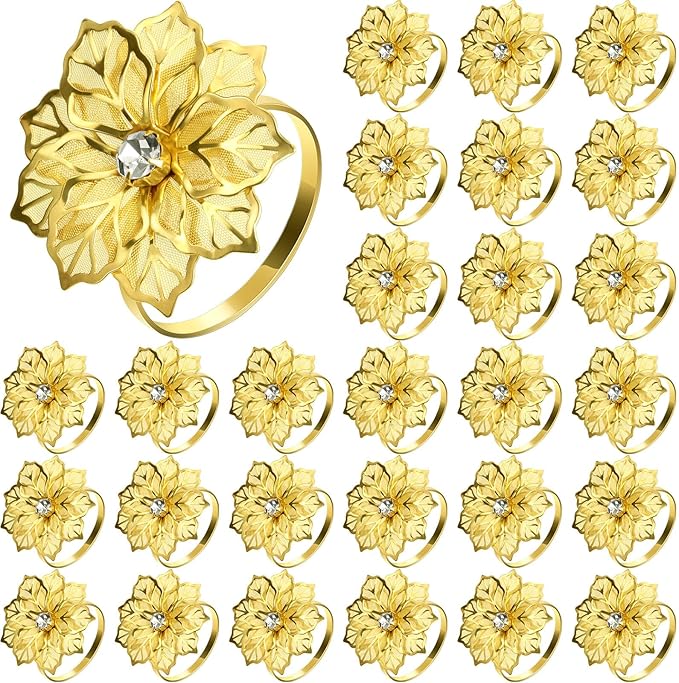 Hotop 50 Pcs Gold Napkin Rings Flower Napkin Holders Buckles Hollow Out Rhinestone Christmas Delicate Serviette Buckles for Thanksgiving Party Gathering Dinner Wedding Banquet Holiday Table Decor