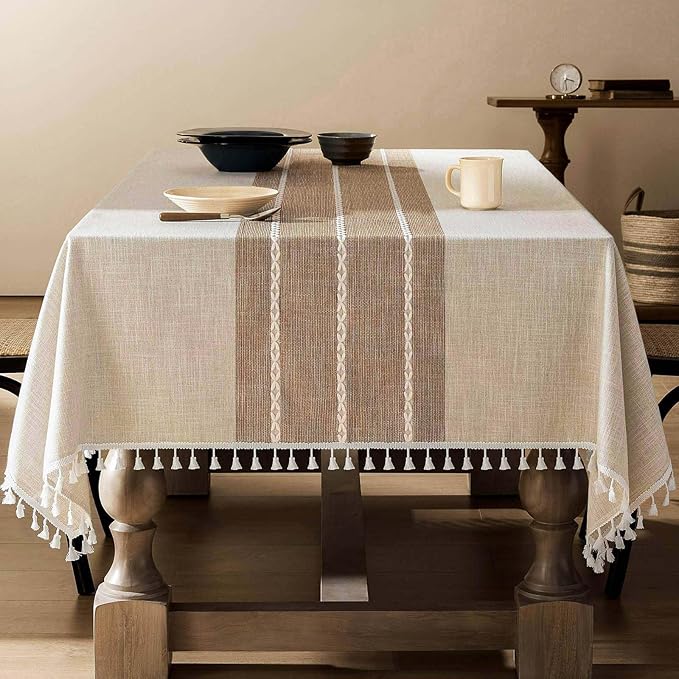 ZeeMart Contrast Linen Table Cloth Rectangle Table Cloths 54x108 Inch Brown, Farmhouse Style Heavy Weight Beige Tablecloth, Water Resistant Burlap Tablecloth