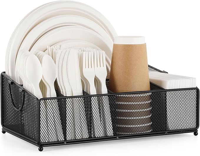 Large Paper Plate and Silverware Caddy for Kitchen Countertop Party Picnic Camping Buffet, Utensil Holder Flatware Organizer for Paper Plate Cup Napkin Plastic Cutlery, Black