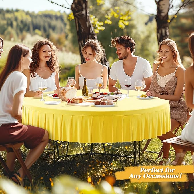 2 Pack Yellow Spandex Round Tablecloths for 72in Table, Stretchy Fitted 6FT Round Table Cloths, Wrinkle Free Table Cover with Skirt for Wedding Birthday Party Bridal Shower Banquet