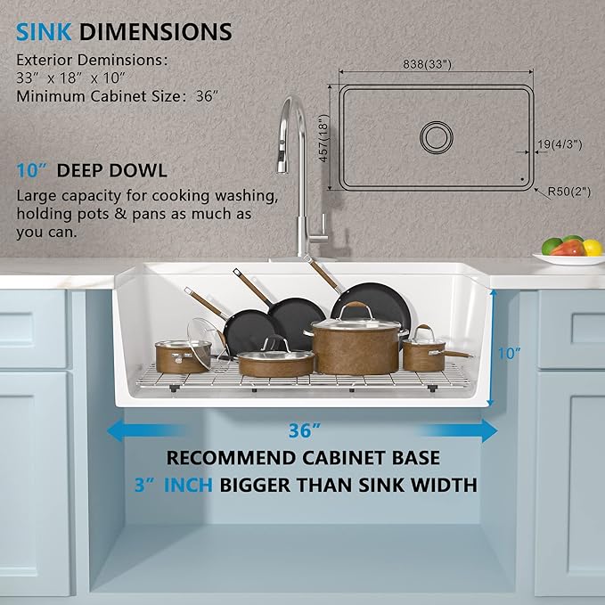 33"x18" White Farmhouse Kitchen Sink – Reversible Apron Front Fireclay Single Bowl Farm Sink, White Ceramic Porcelain Farmer Style Basin
