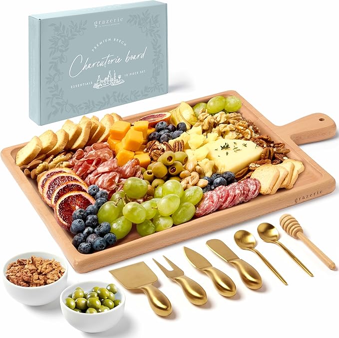 Charcuterie Board Set - Beech Wood Cheese Board for Serving with Accessories - House Warming Gifts for New Home, Bridal Shower & Wedding Gift, Birthday Gifts for Women
