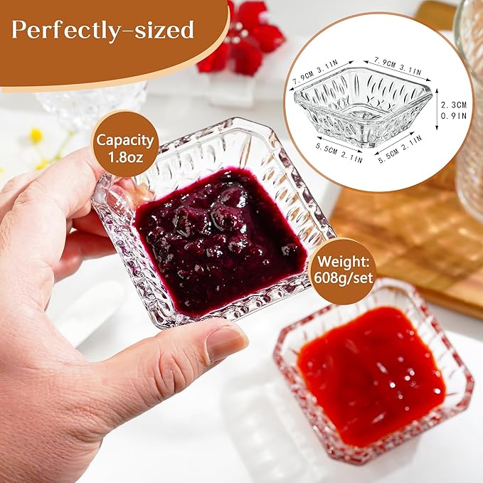 kanpura Mini Glass Bowls, Square Prep Bowl, Dishwasher Safe, Pinch Bowls for Dipping Spices Sauce, Stackable, 1.8 oz, Set of 6, (Clear)