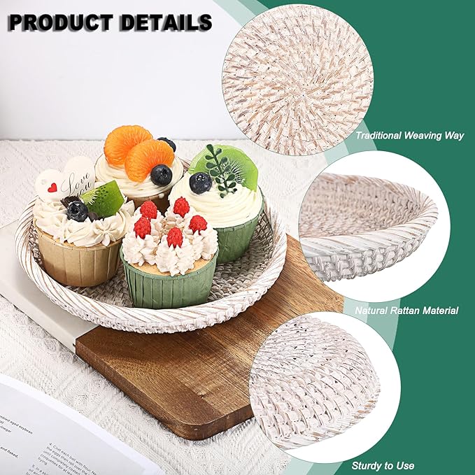 Hipiwe Small Key Basket Bowl for Entryway 7.6" Round Woven Wicker Basket Fruit Serving Tray Woven Basket Wall Decor Rattan Organizer Basket for Keys, Wallet,Whitewash