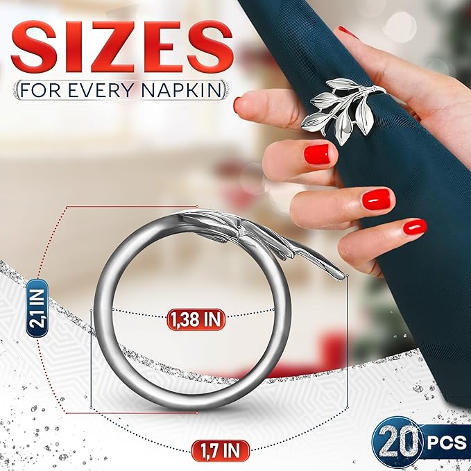 Set of 20 Silver Valentine Napkin Rings - Decorative Silver Napkin Rings Set | Napkin Ring Holders with Elegant Leaf Design for Weddings, Parties & Special Occasions, Romantic Valentine Table Decor