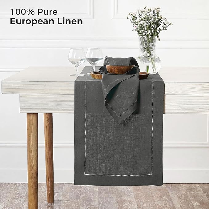 D'Moksha Homes Linen Charcoal Grey Table Runner 48 Inches - Classic Hemstitch, 100% Pure Linen Coffee Table Runner 14 x 48 Inch Ideal for Dresser Tables - Spring, Easter