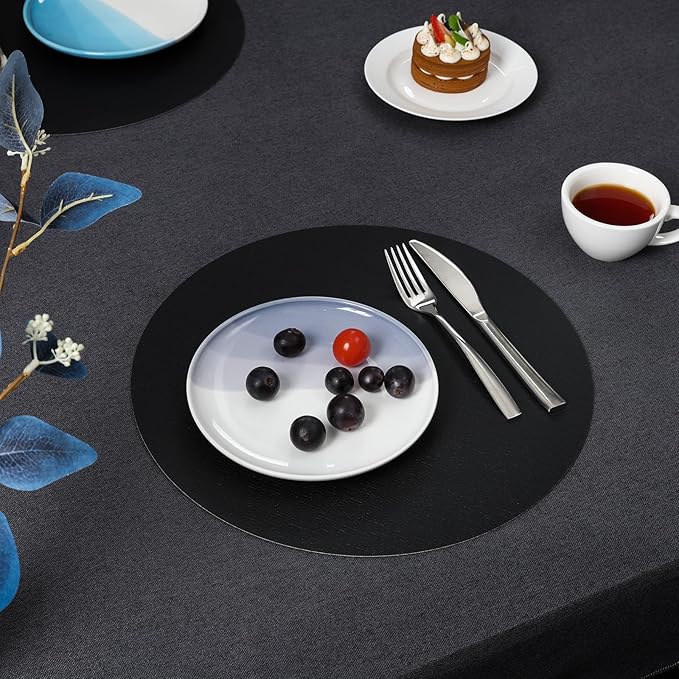Myir JUN Round Placemats, Dual Sided Faux Leather Place Mats Set of 4 Indoor/Outdoor Non-Slip Washable Table Mats (Black, 4 Pack)